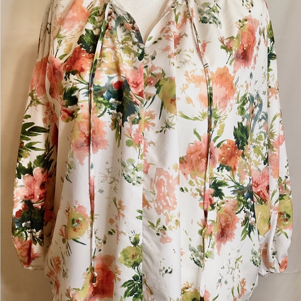 entro Watercolor Floral Tie-Neck Blouse in White, Pink & Green